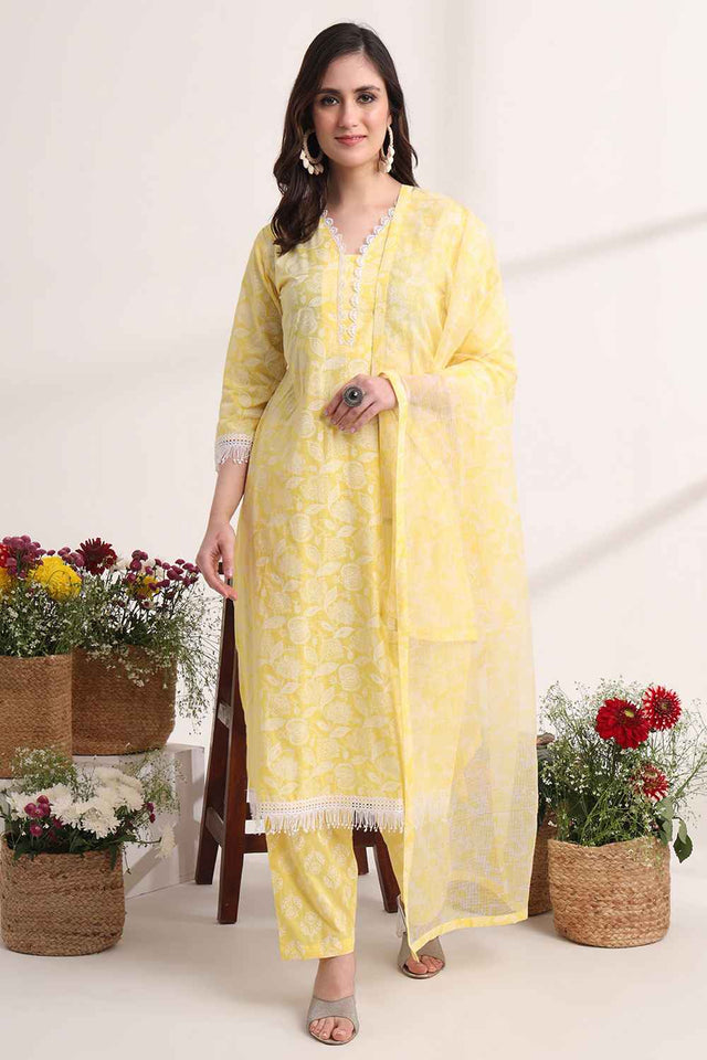 Yellow Floral Printed Cotton Kurti Pant Set