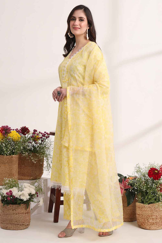 Yellow Floral Printed Cotton Kurti Pant Set