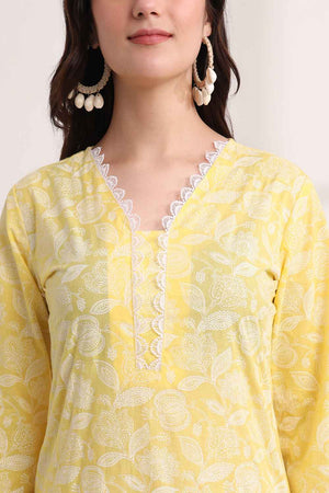 Yellow Floral Printed Cotton Kurti Pant Set