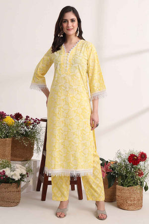 Yellow Floral Printed Cotton Kurti Pant Set