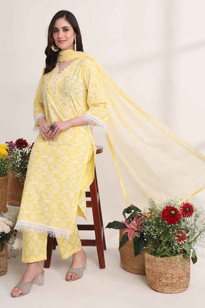 Yellow Floral Printed Cotton Kurti Pant Set