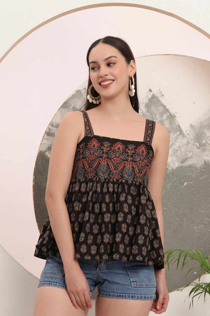 Black Ethnic Motifs Printed Cotton Tops & Tunics