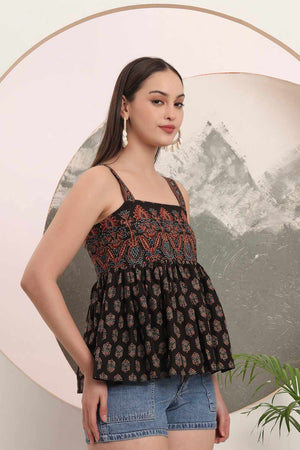 Black Ethnic Motifs Printed Cotton Tops & Tunics
