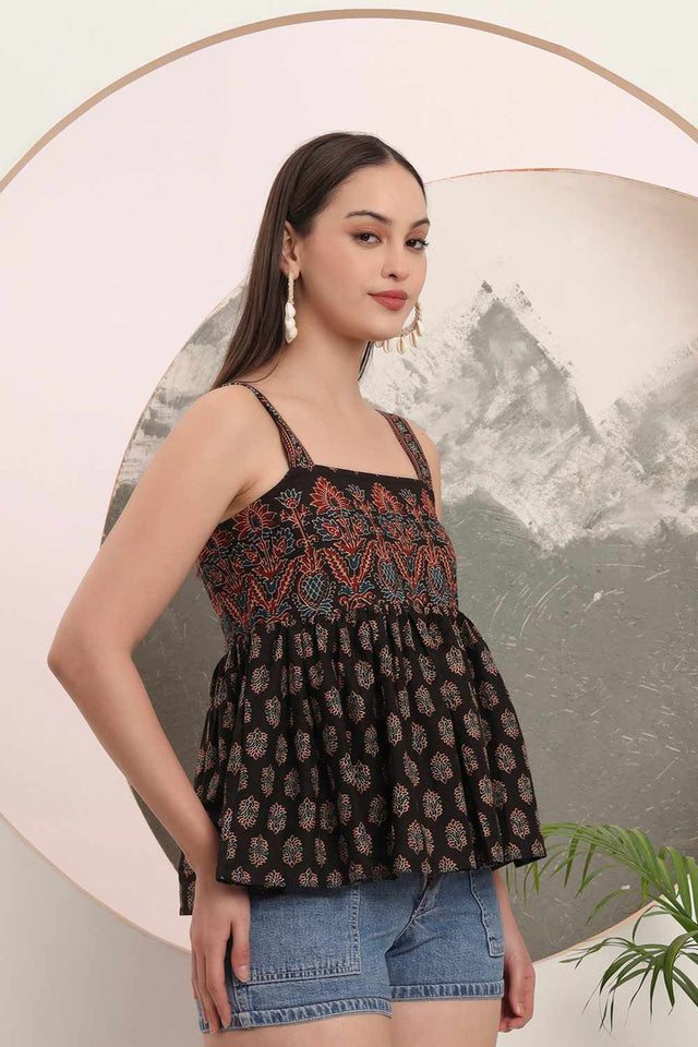 Black Ethnic Motifs Printed Cotton Tops & Tunics
