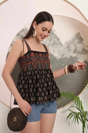 Black Ethnic Motifs Printed Cotton Tops & Tunics