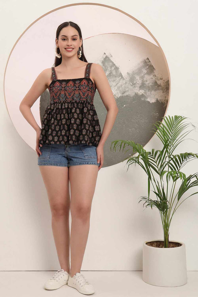 Black Ethnic Motifs Printed Cotton Tops & Tunics