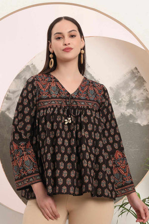 Black Ethnic Motifs Printed Cotton Tops & Tunics