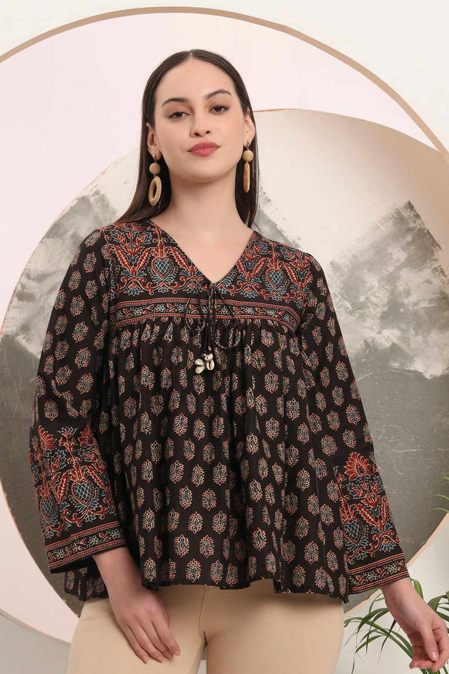Black Ethnic Motifs Printed Cotton Tops & Tunics