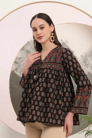 Black Ethnic Motifs Printed Cotton Tops & Tunics