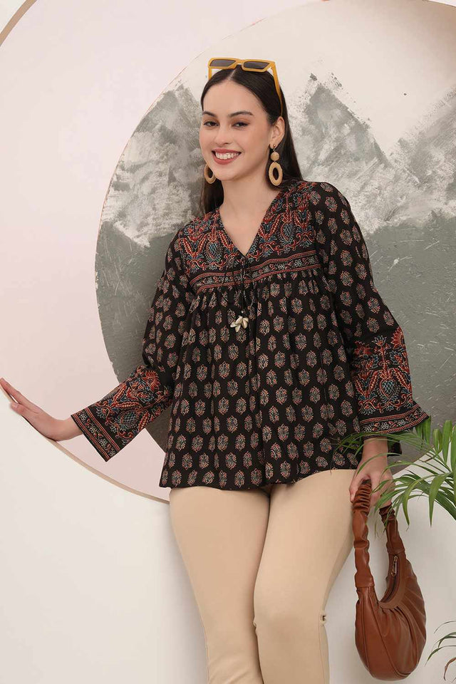 Black Ethnic Motifs Printed Cotton Tops & Tunics