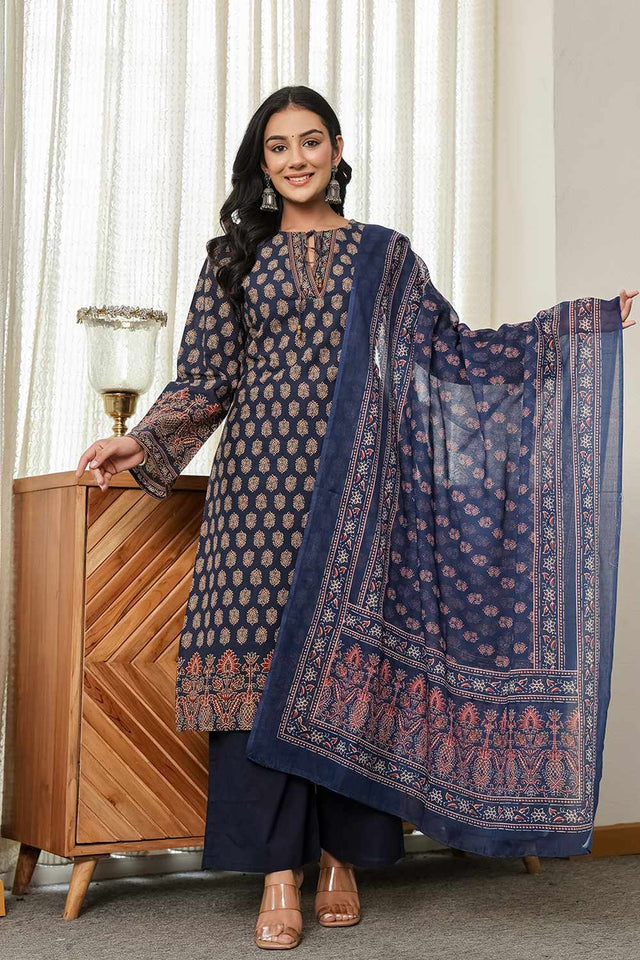 Navy-Blue Ethnic Motifs Printed Cotton Kurti Pant Set (6167SKDNB)