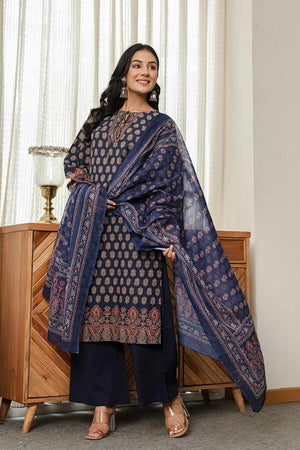Navy-Blue Ethnic Motifs Printed Cotton Kurti Pant Set (6167SKDNB)