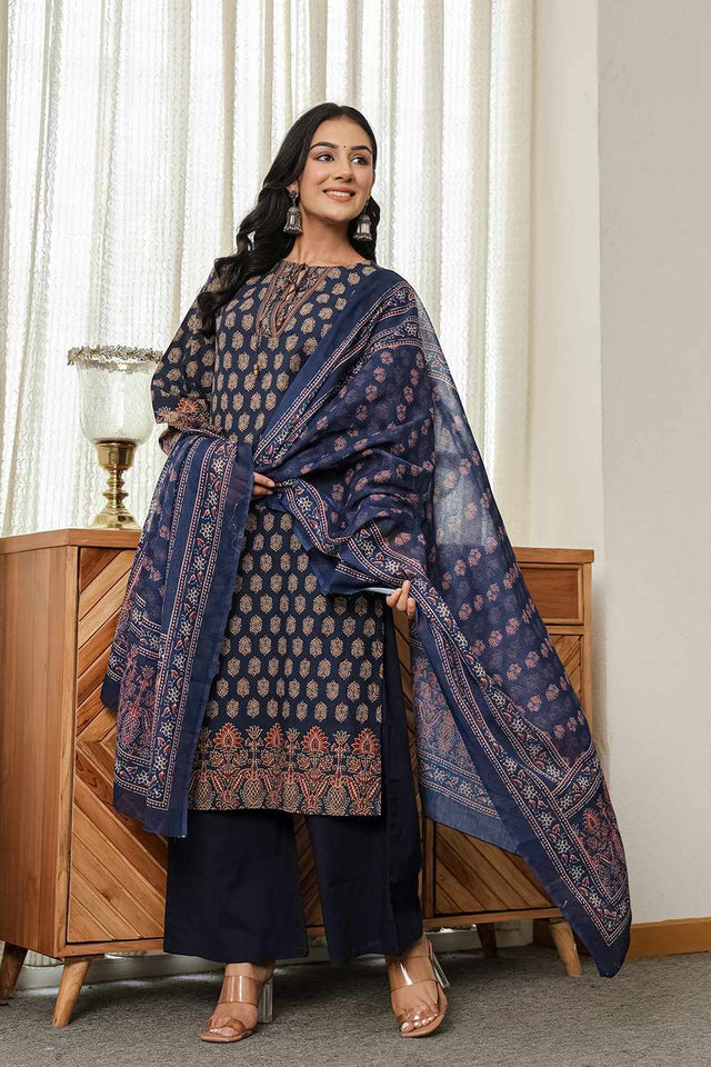 Navy-Blue Ethnic Motifs Printed Cotton Kurti Pant Set (6167SKDNB)