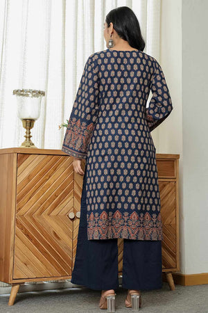 Navy-Blue Ethnic Motifs Printed Cotton Kurti Pant Set (6167SKDNB)