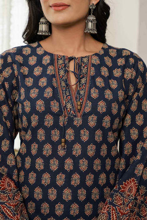 Navy-Blue Ethnic Motifs Printed Cotton Kurti Pant Set (6167SKDNB)