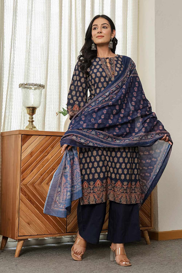Navy-Blue Ethnic Motifs Printed Cotton Kurti Pant Set (6167SKDNB)