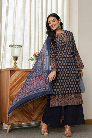 Navy-Blue Ethnic Motifs Printed Cotton Kurti Pant Set (6167SKDNB)