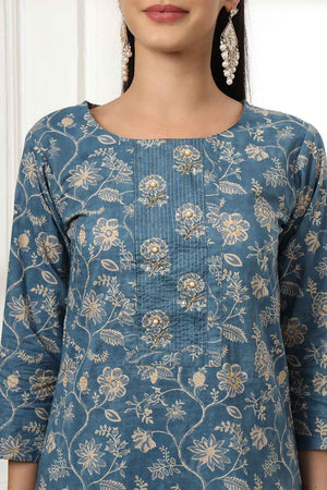 Blue Floral Print Pure Cotton Kurti Pant Set