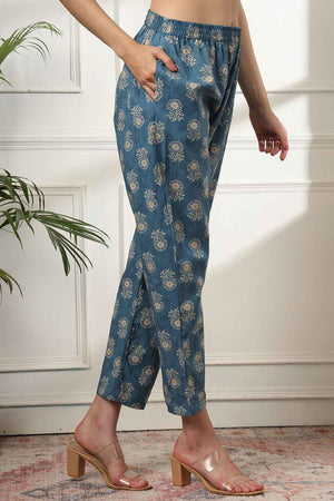 Blue Floral Print Pure Cotton Kurti Pant Set