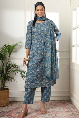 Blue Floral Print Pure Cotton Kurti Pant Set