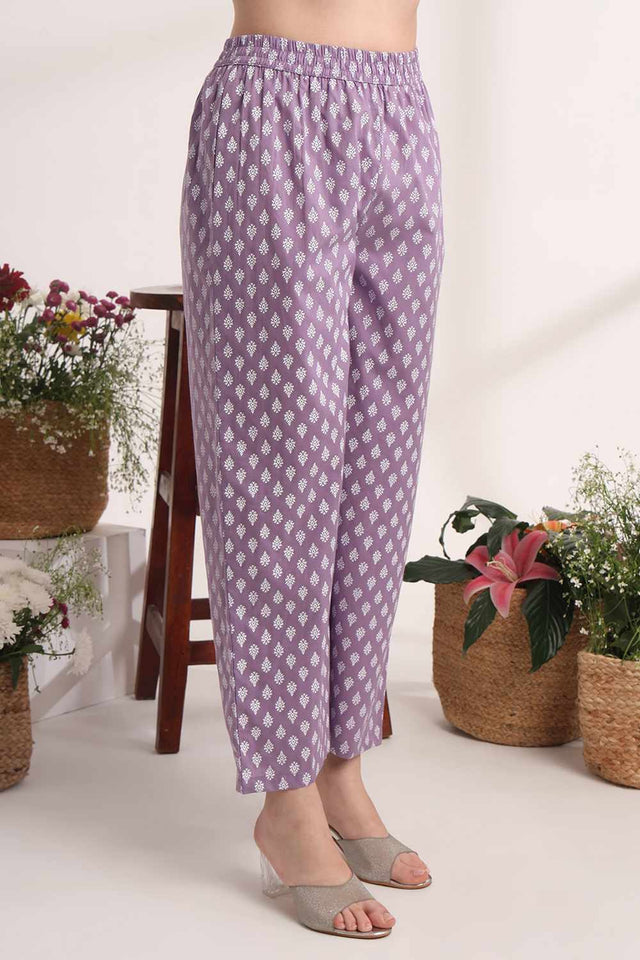 Violet Ethnic Motifs Printed Cotton Kurti Pant Set