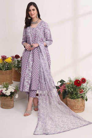 Violet Ethnic Motifs Printed Cotton Kurti Pant Set
