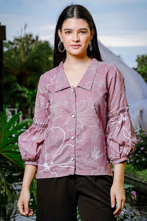 Violet Floral Printed Linen Tops