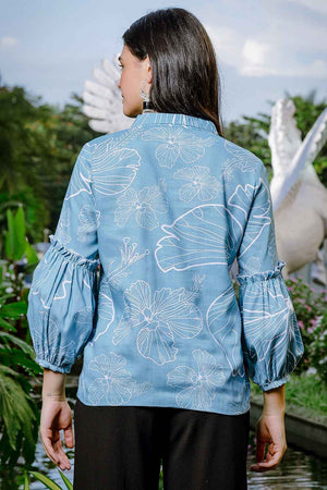 Blue Floral Printed Linen Tops (6173TOPSB)
