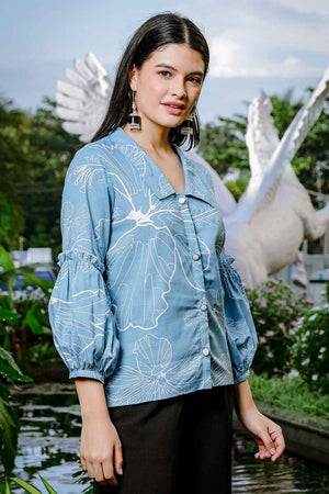 Blue Floral Printed Linen Tops (6173TOPSB)
