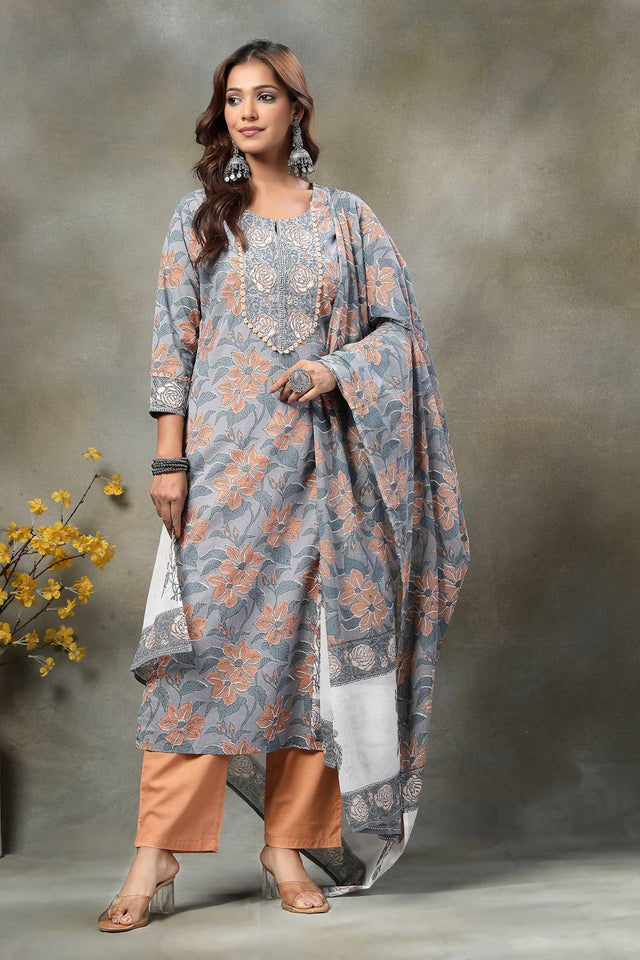 Grey Floral Printed Cotton Straight Cut Suit Set