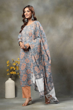 Grey Floral Printed Cotton Straight Cut Suit Set