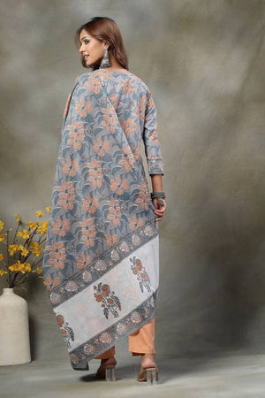 Grey Floral Printed Cotton Straight Cut Suit Set
