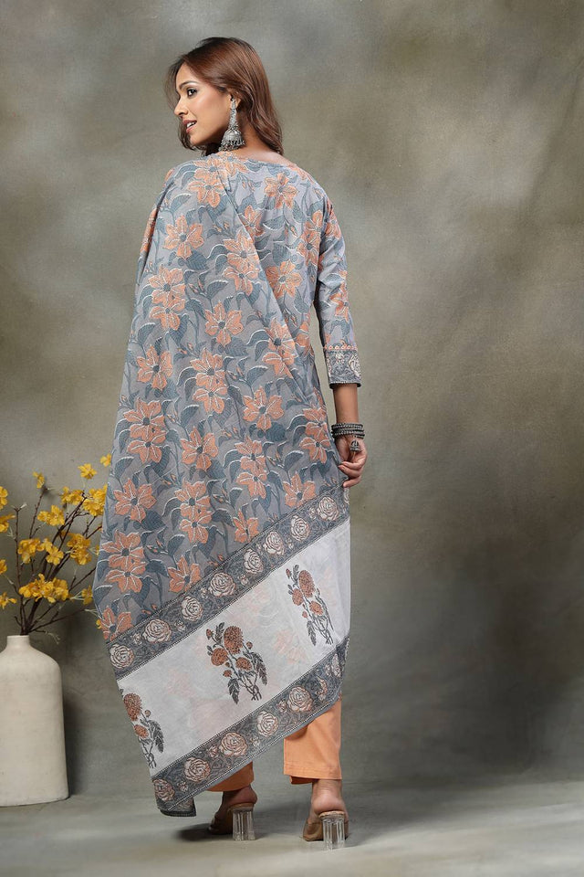 Grey Floral Printed Cotton Straight Cut Suit Set