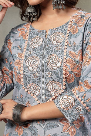 Grey Floral Printed Cotton Straight Cut Suit Set