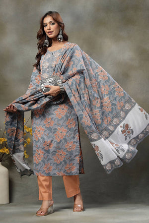 Grey Floral Printed Cotton Straight Cut Suit Set