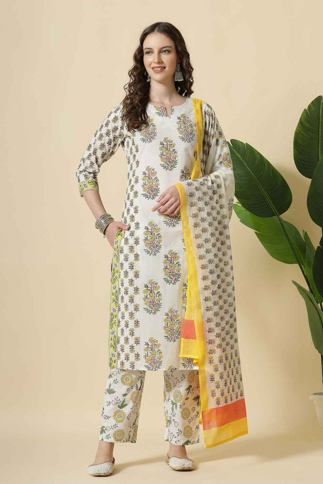 White Floral Printed Cotton Kurti Pant Set