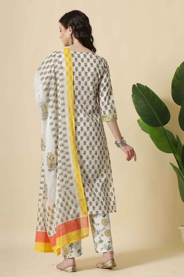 White Floral Printed Cotton Kurti Pant Set
