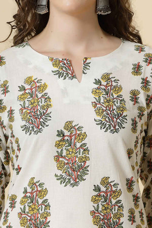 White Floral Printed Cotton Kurti Pant Set
