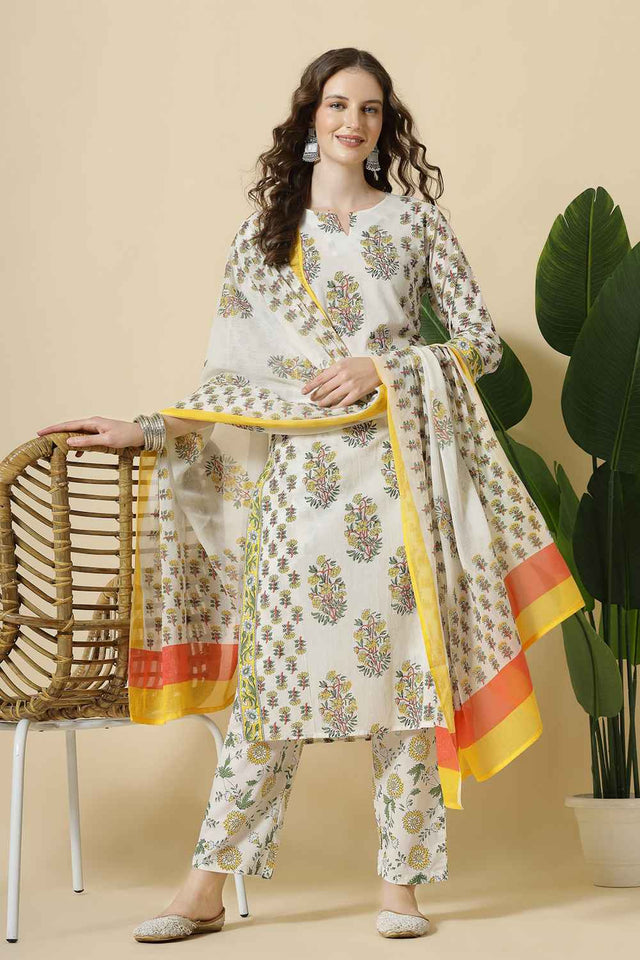 White Floral Printed Cotton Kurti Pant Set