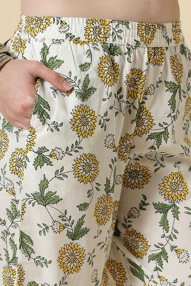 White Floral Printed Cotton Kurti Pant Set
