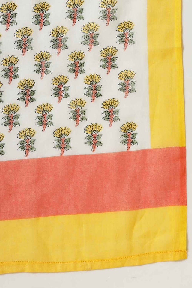 White Floral Printed Cotton Kurti Pant Set