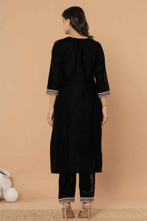 Black Solid Embroidered Velvet Kurti Pant Set (6185SKDBK)