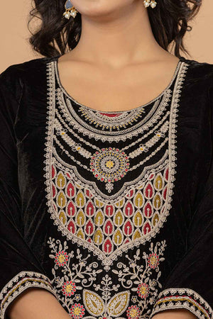 Black Solid Embroidered Velvet Kurti Pant Set (6185SKDBK)