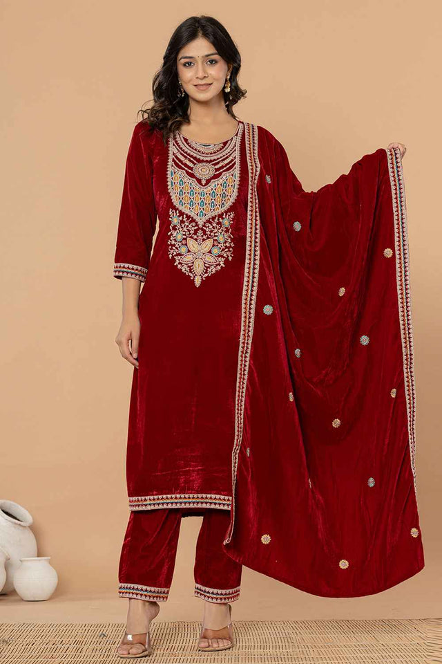Red Solid Embroidered Velvet Kurti Pant Set (6185SKDMR)