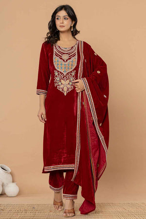 Red Solid Embroidered Velvet Kurti Pant Set (6185SKDMR)