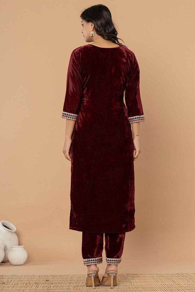 Brown Solid Embroidered Velvet Kurti Pant Set (6186SKDBUG)