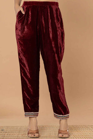 Brown Solid Embroidered Velvet Kurti Pant Set (6186SKDBUG)