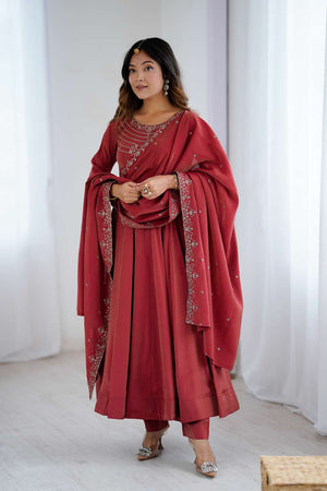 Maroon Embroidered Chanderi Anarkali Suit Set