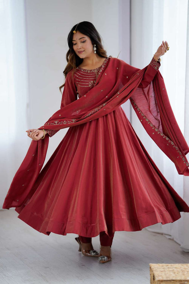 Maroon Embroidered Chanderi Anarkali Suit Set