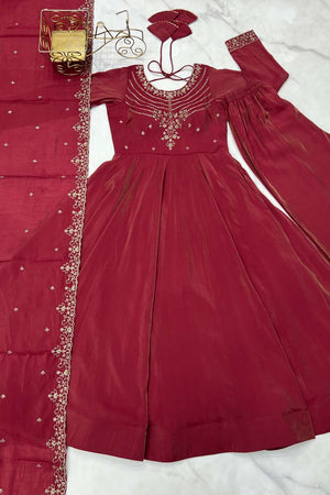 Maroon Embroidered Chanderi Anarkali Suit Set